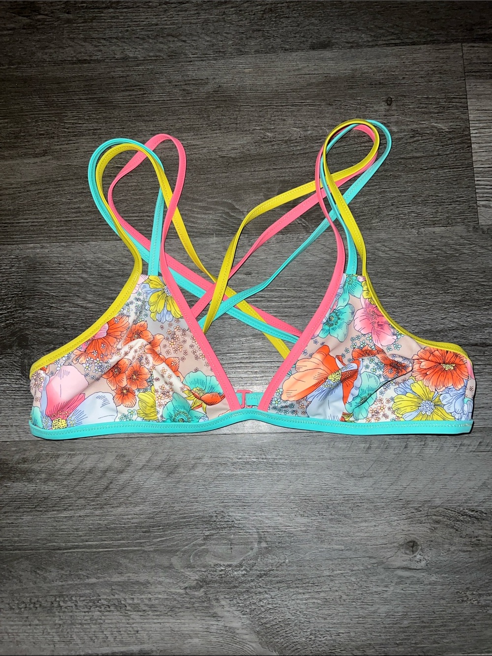 Victoria's Secret Pink Floral Bikini Top with Teal and Yellow Ari - Picture 2 of 3